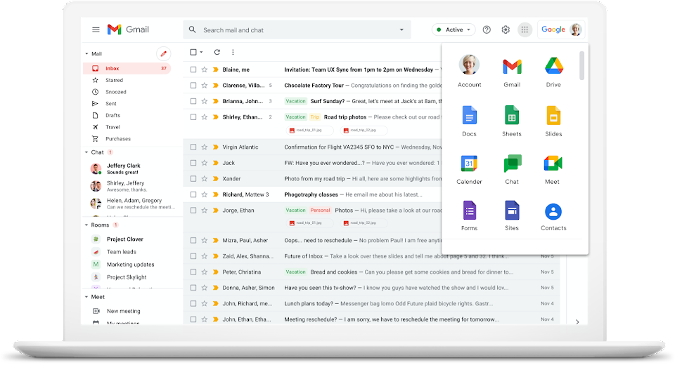 Gmail com o menu de aplicativos do Google Workspace